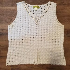 Sigrid Olsen M Tank White Women V-Neck Linen Blend Open Crochet Sequin Knit Top